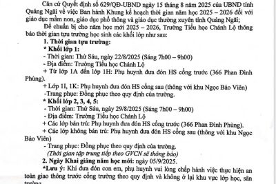 THÔNG BÁO LỊCH TỰU TRƯỜNG NĂM HỌC 2025-2026